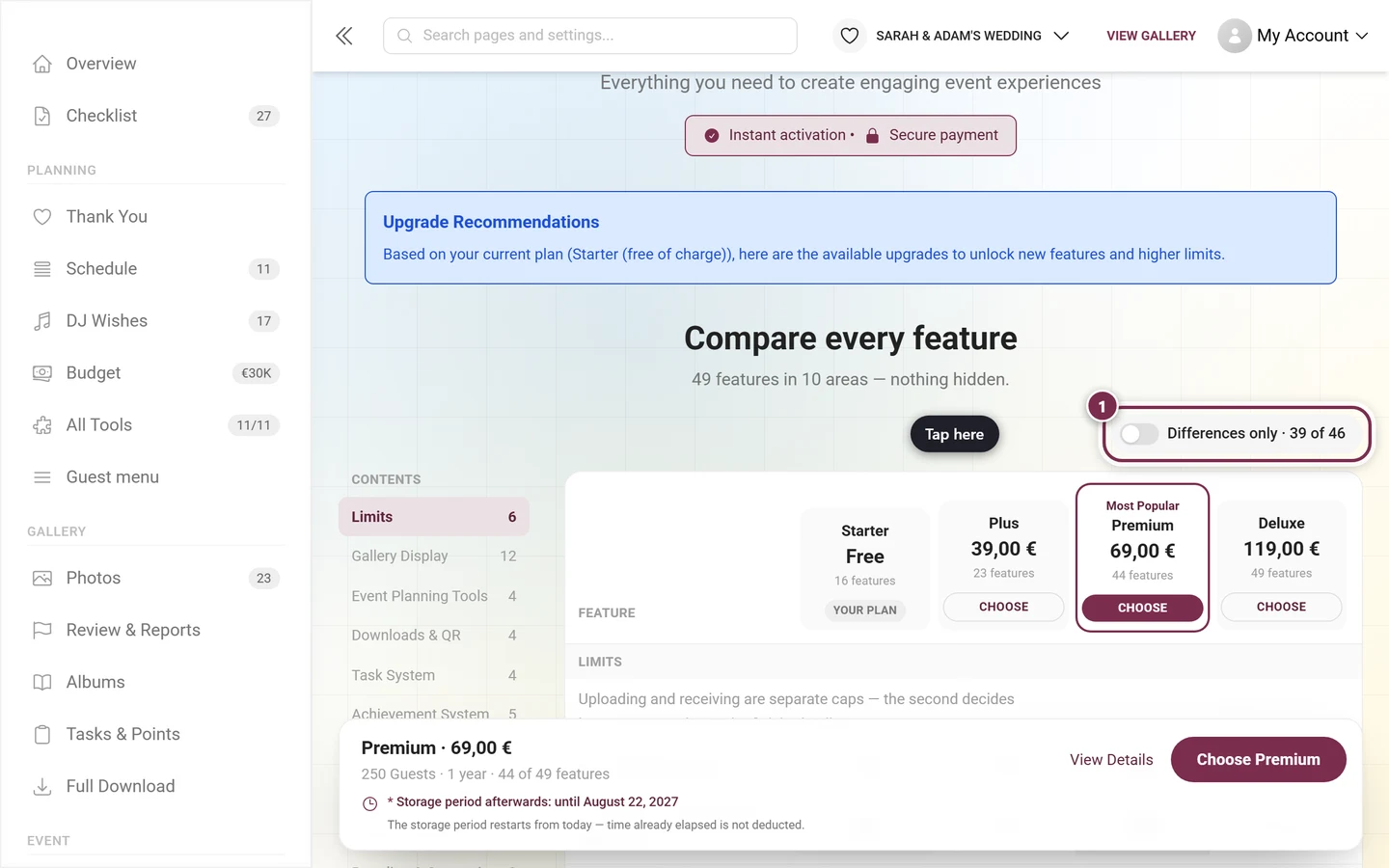 Tier comparison matrix on the pricing page with the differences filter highlighted