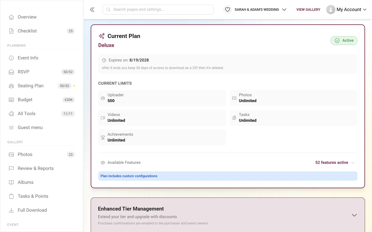 Current plan card with the package name, expiry date and limits