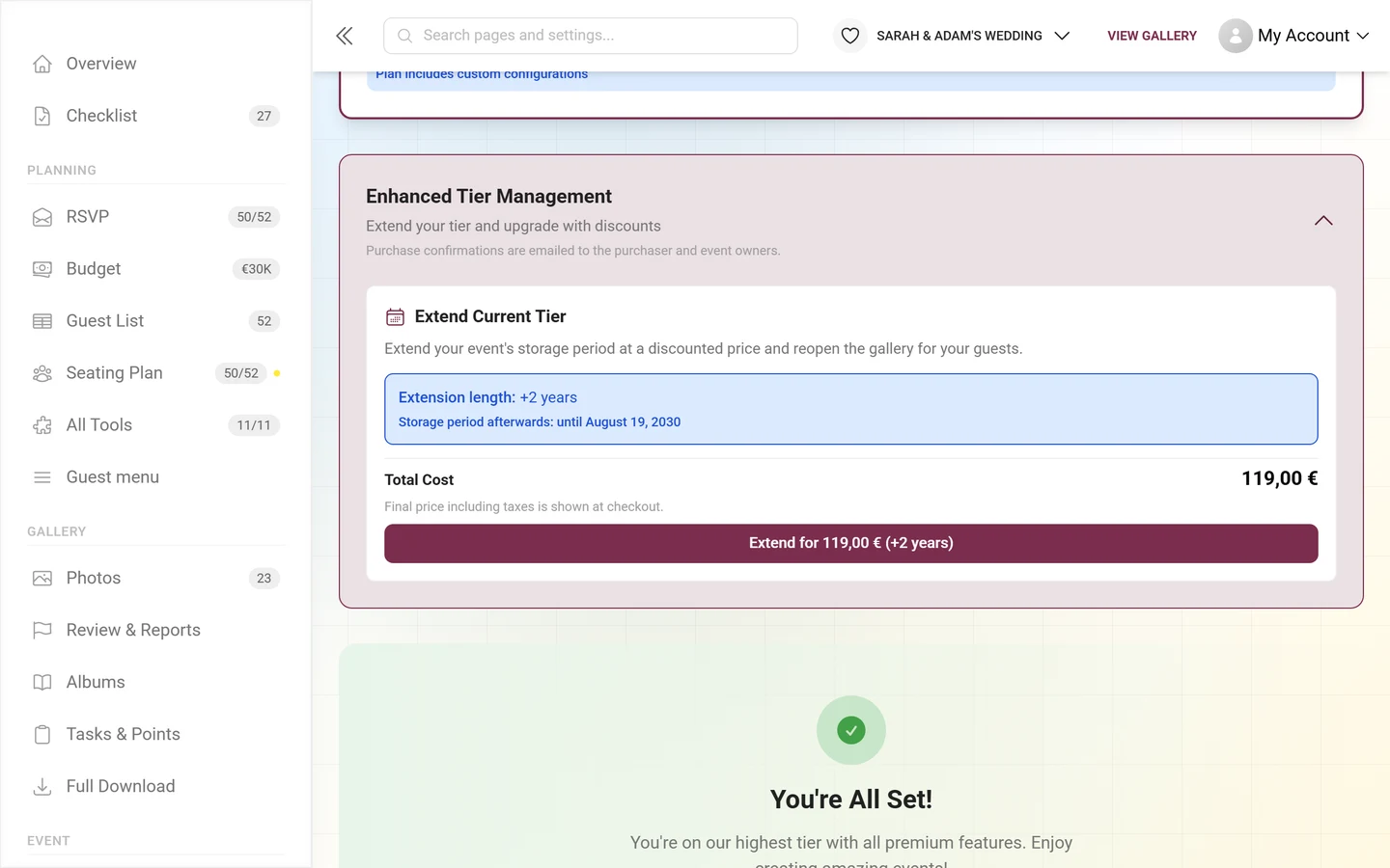 Expanded Enhanced Tier Management box with extension length, result date, total cost and purchase button