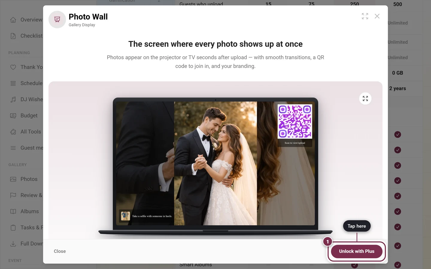 Feature detail dialog with the Included in block and the unlock button highlighted