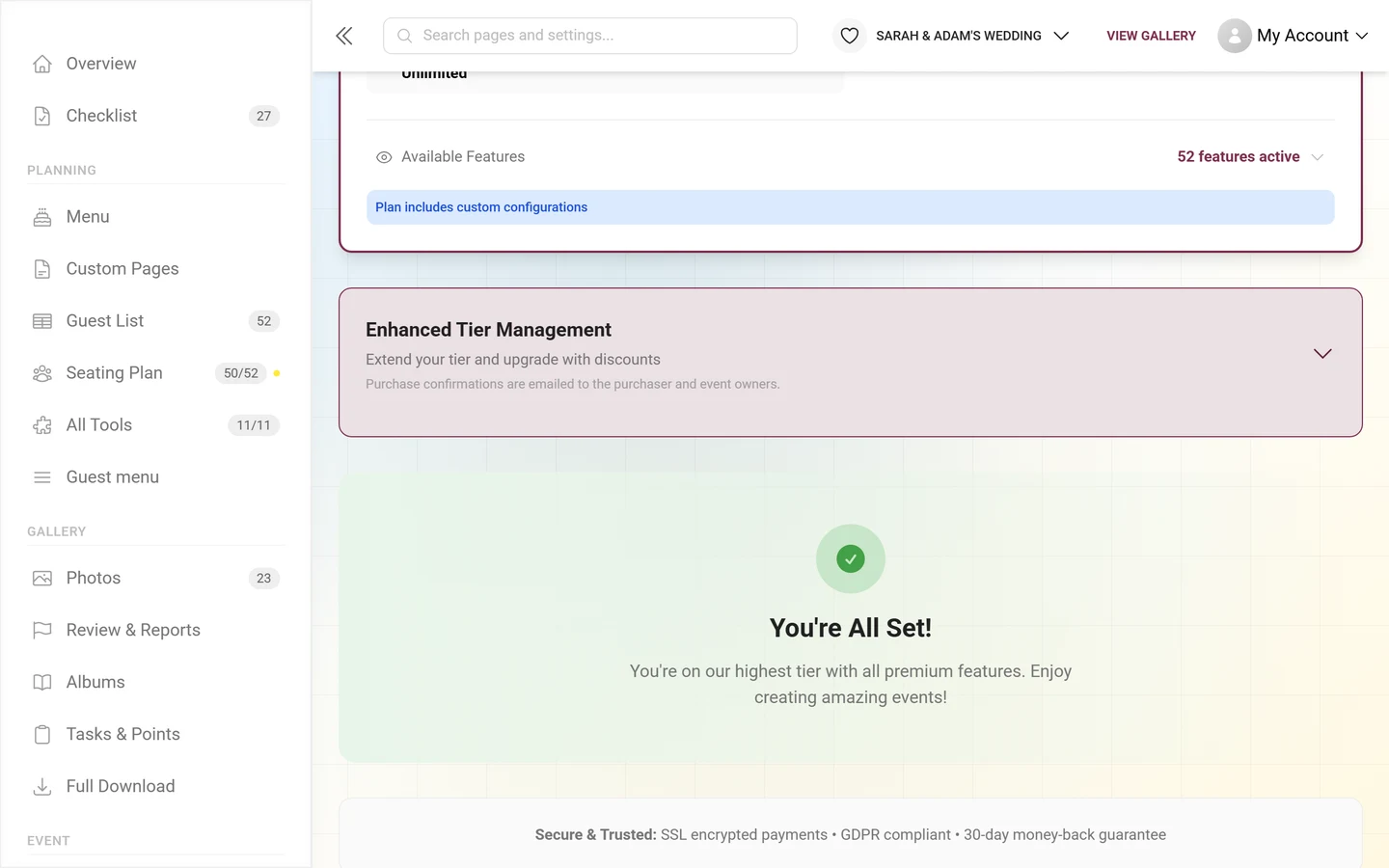 Green You’re All Set notice with a checkmark, above it the Enhanced Tier Management box