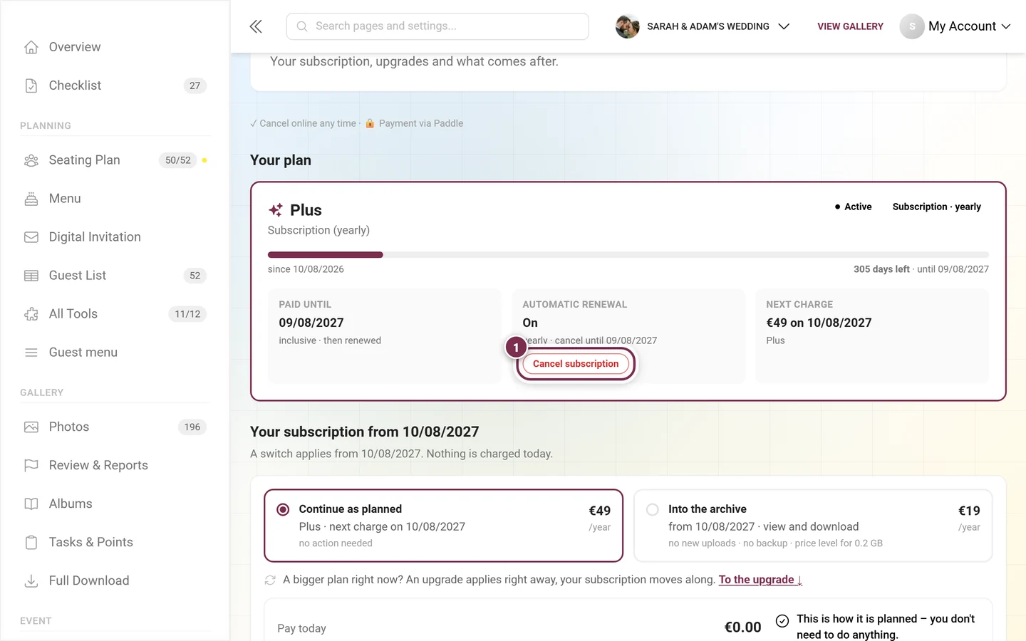 Your plan card with the Active and Subscription · yearly pills, the tiles Automatic renewal On and Next charge, and the Cancel subscription button