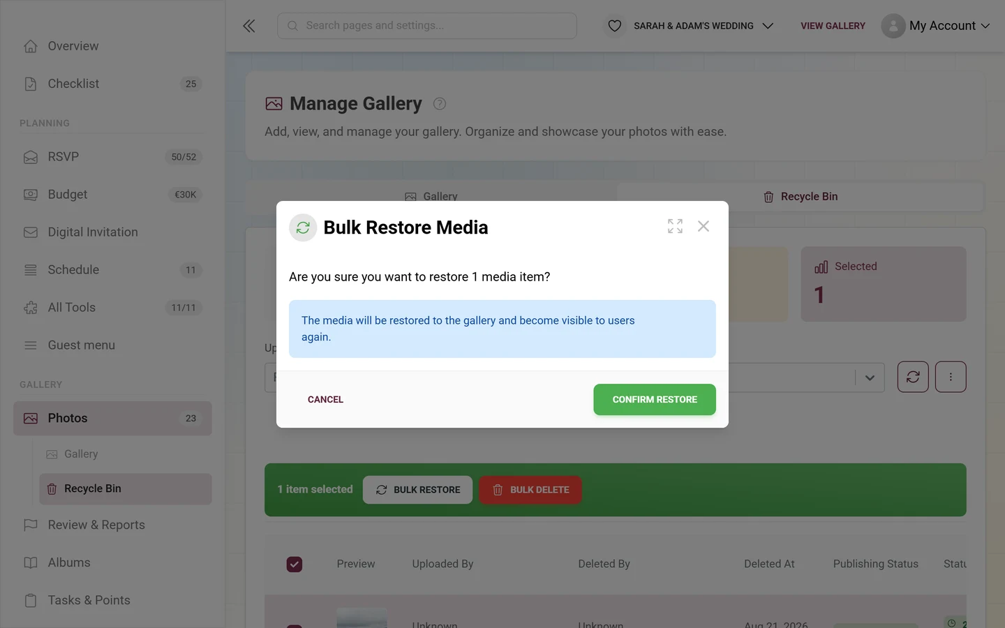 Bulk Restore Media dialog with the item count and a blue info box