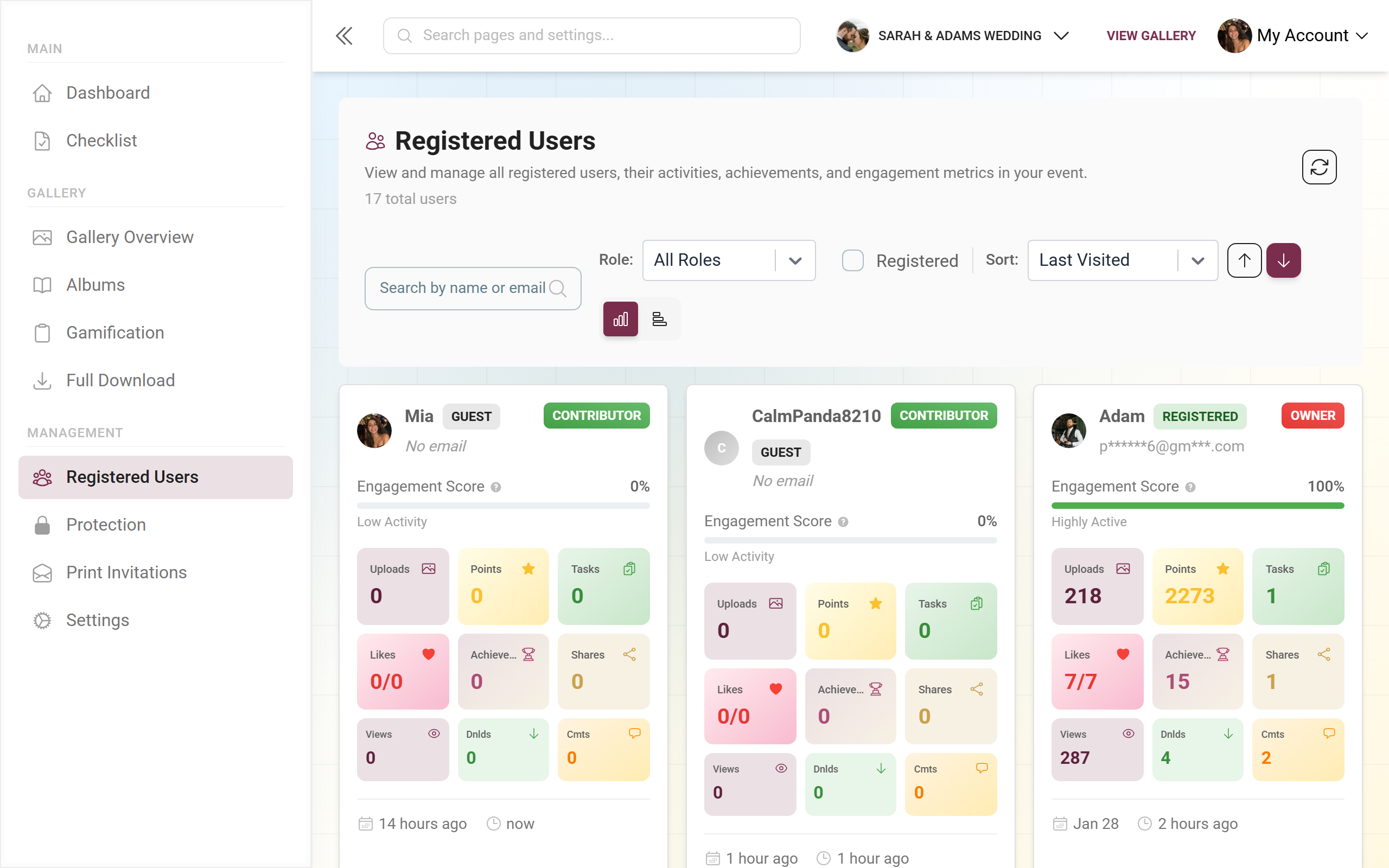 Attendee list shown as cards with name, role and activity metrics per guest