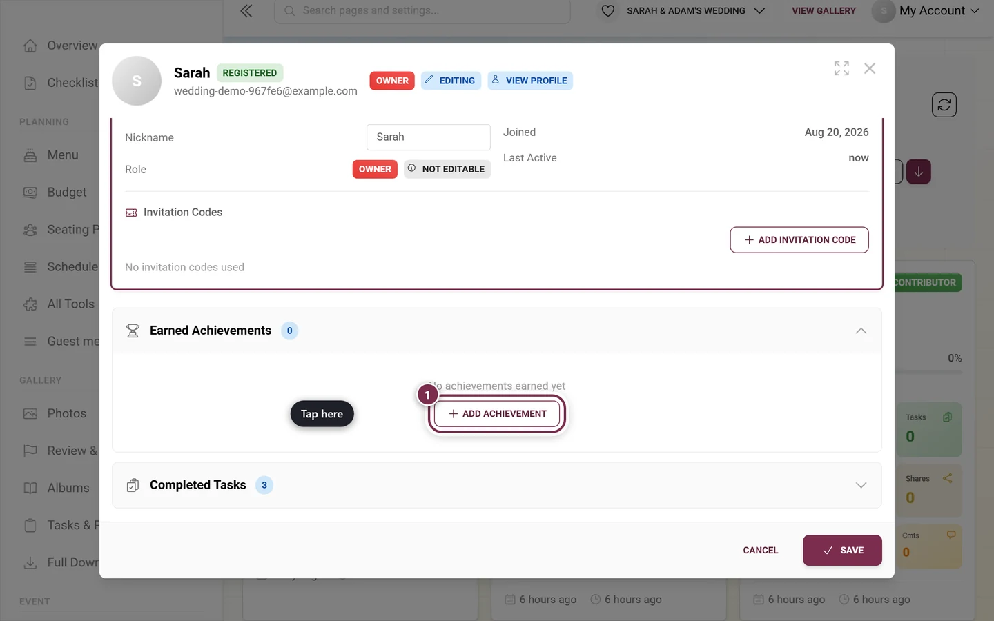 Achievements block in the participant dialog with the add achievement button highlighted