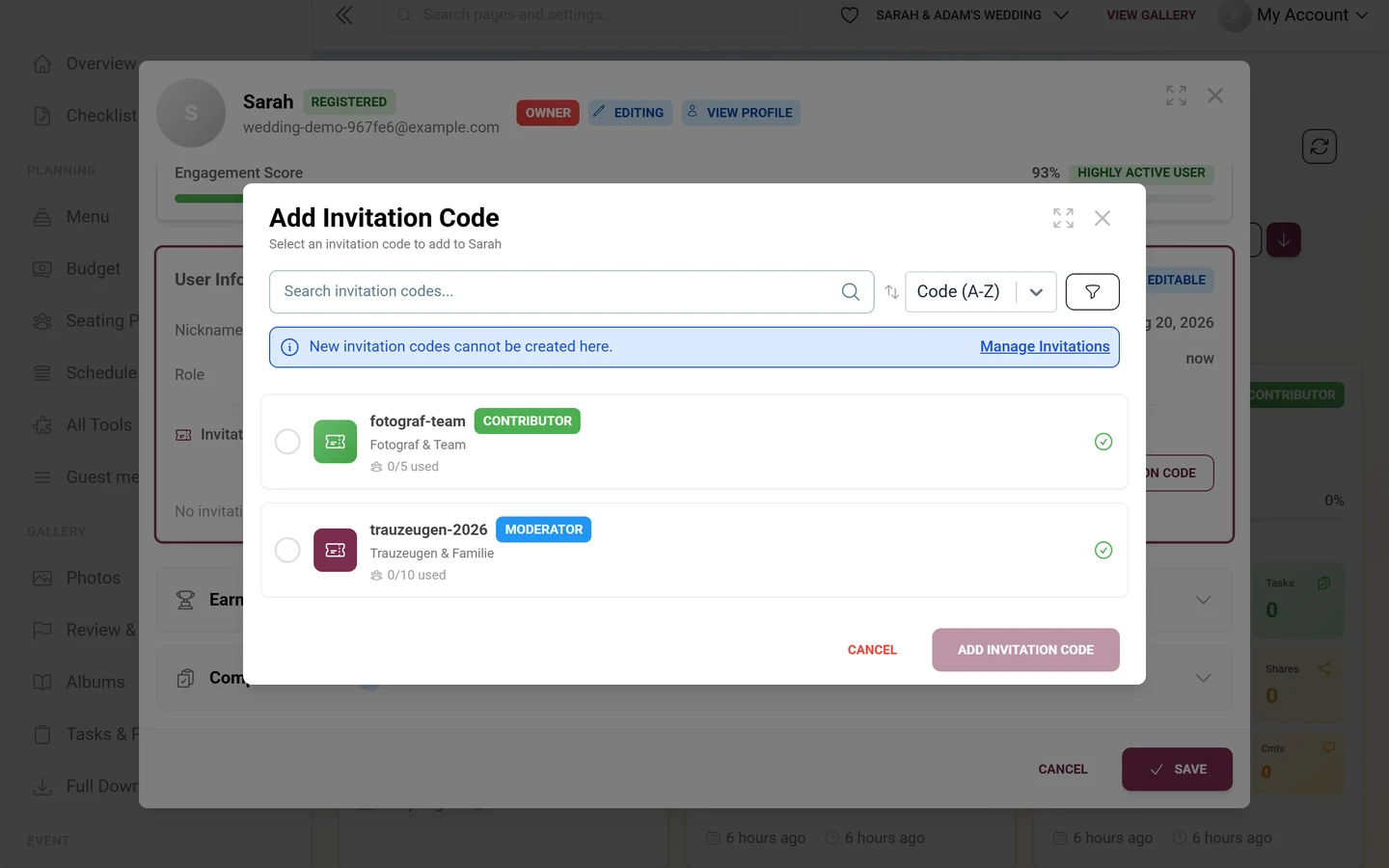 Add Invitation Code dialog with search field, sorting, info banner and two selectable codes with role chips