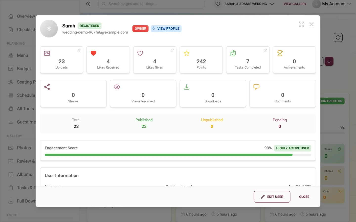 A user's detail dialog with metric tiles, upload overview and engagement bar