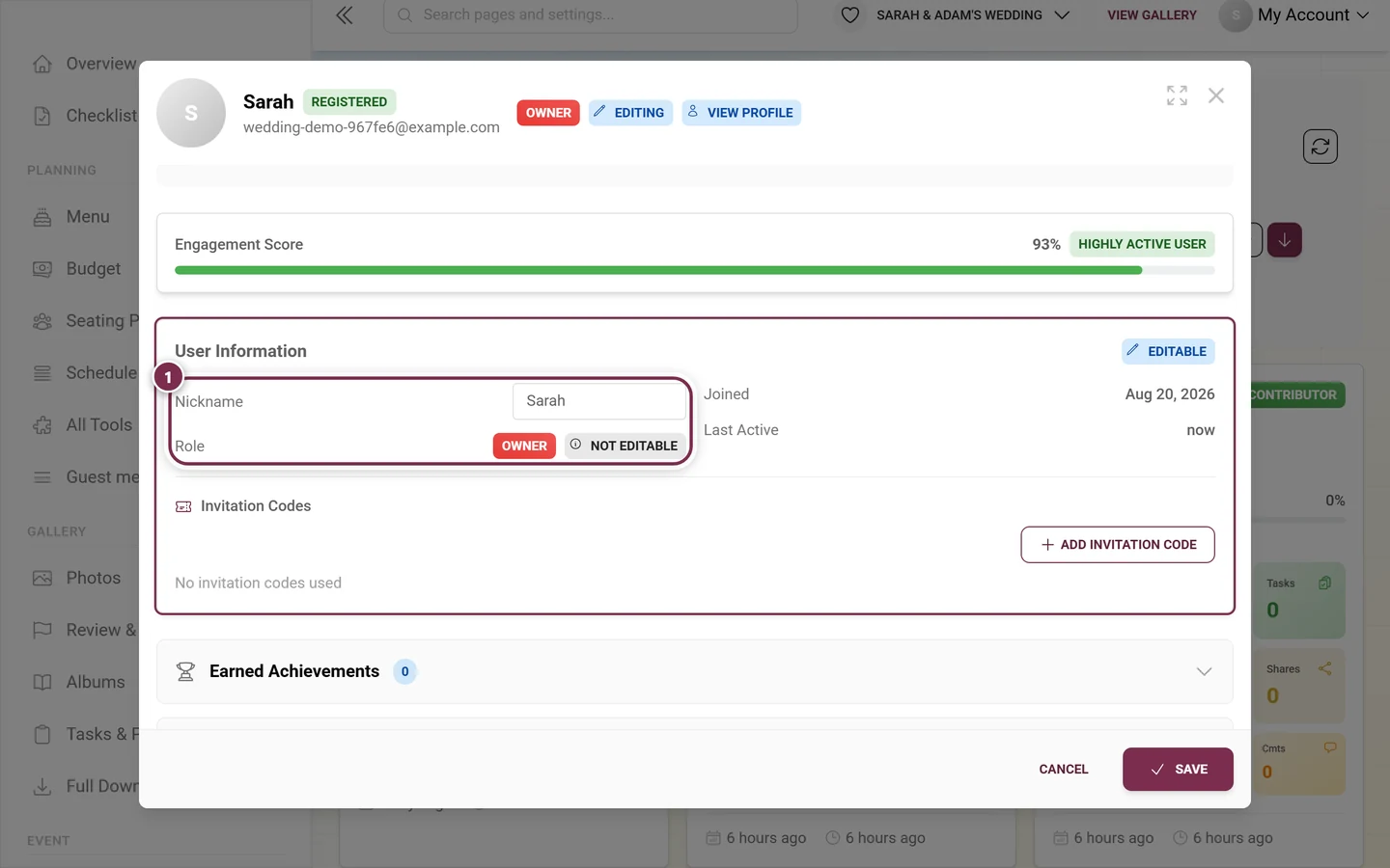Participant detail dialog in edit mode with the role row highlighted