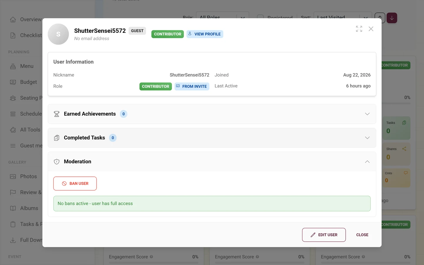 Expanded Moderation section in the detail dialog with the red Ban User button and a green status box