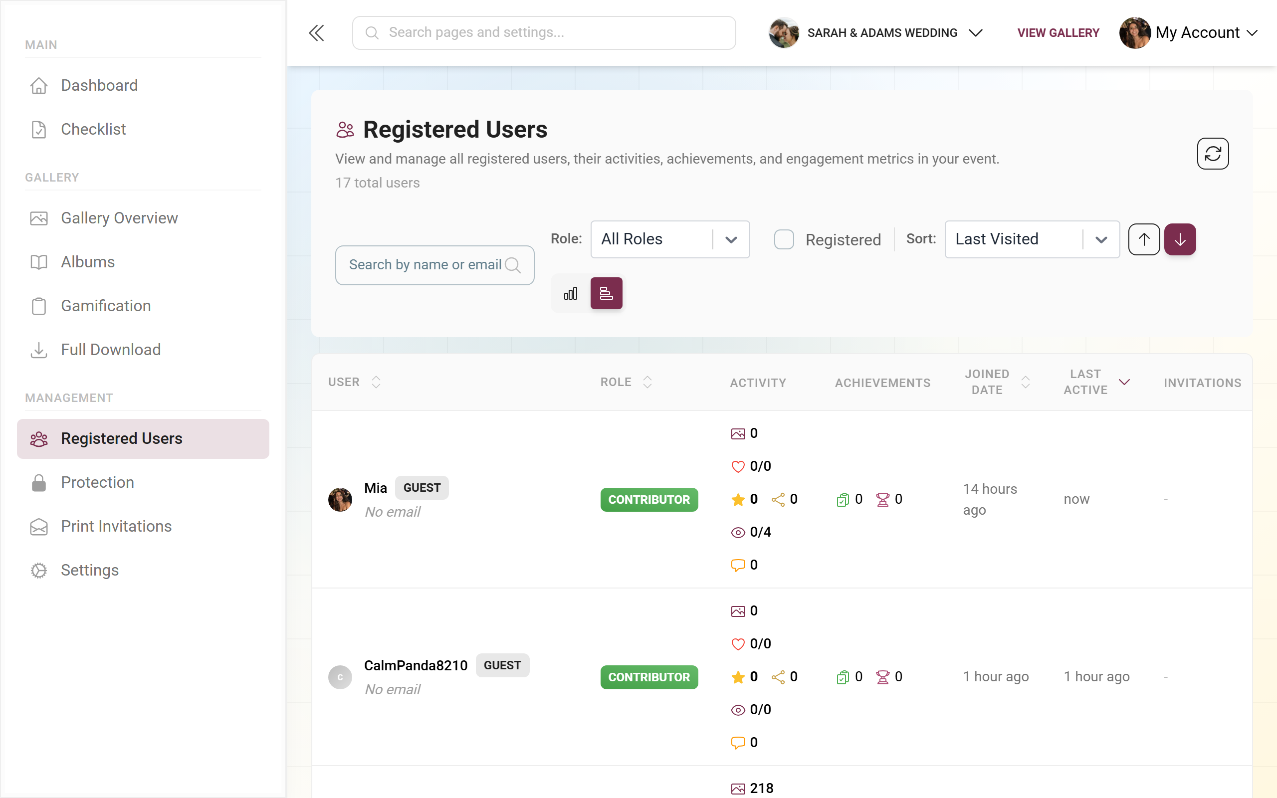 Attendee list in table view with columns for user, email, role and further details
