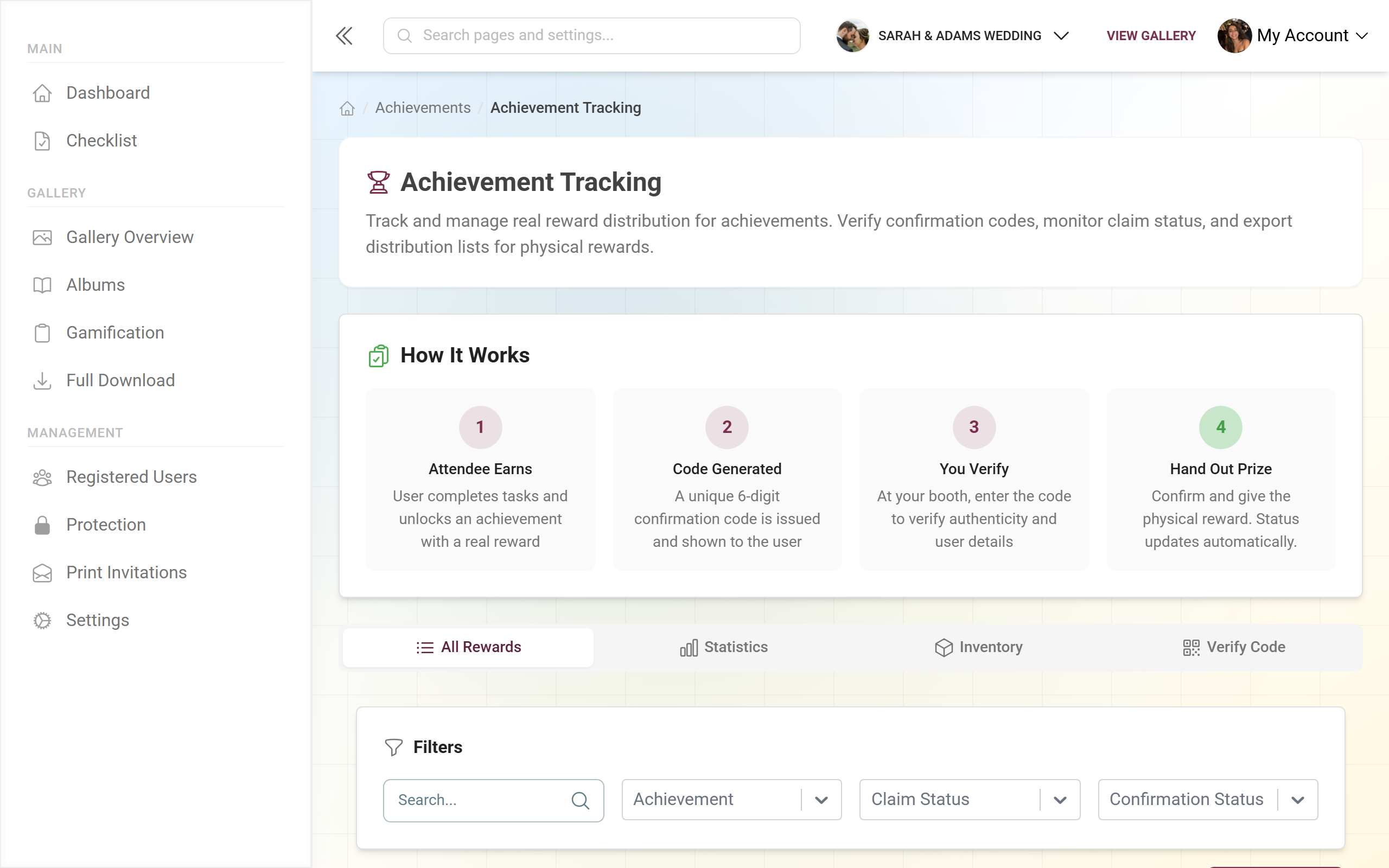 Achievement tracking with All Rewards, Statistics, Inventory and Verify Code tabs