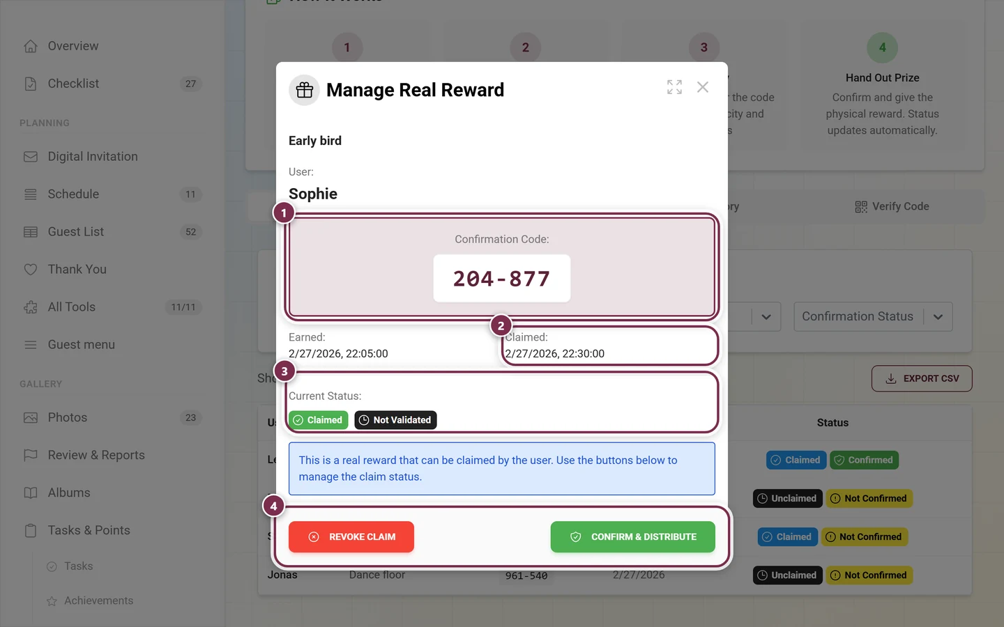 Manage Real Reward dialog with code, claim date, status chips and both buttons highlighted