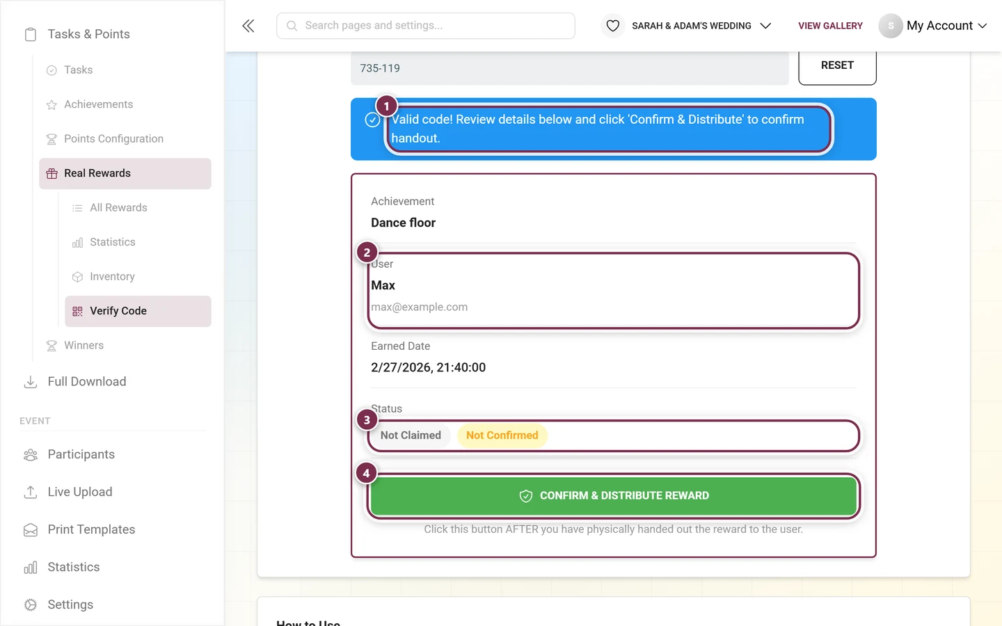 Verify Code tab after a successful check with message, detail card, status chips and the green button highlighted