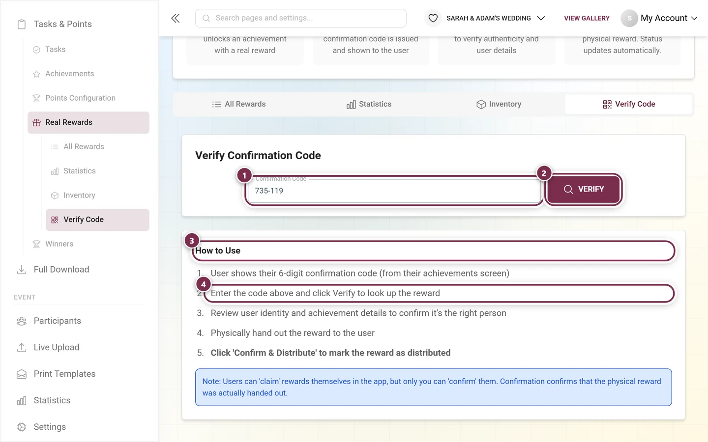 Verify code tab on the host side with a checked code and detail card