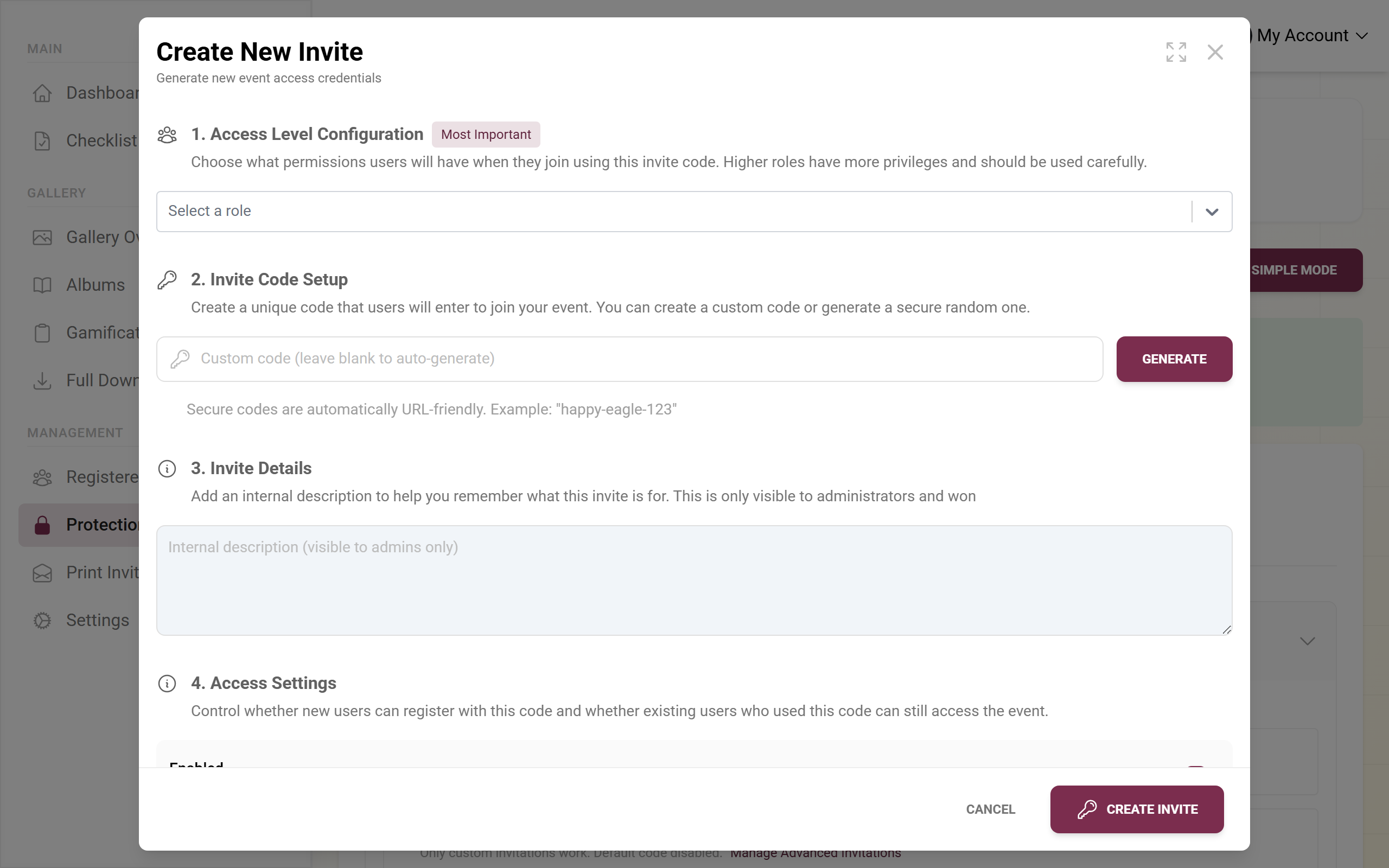 Dialog for creating a custom role with role selection and invite code