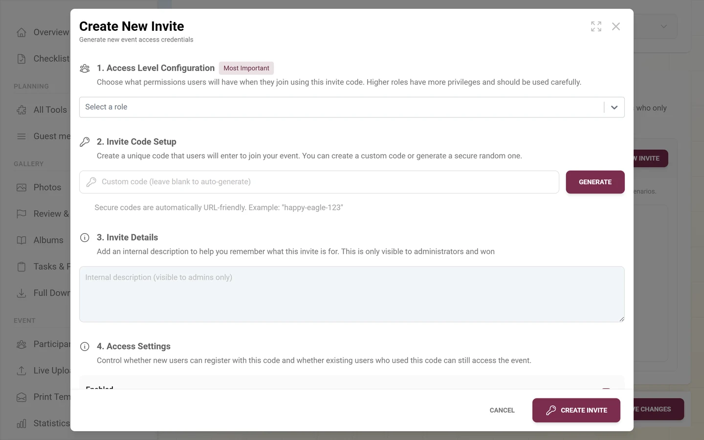 Dialog for creating an invitation with role selection and invite code