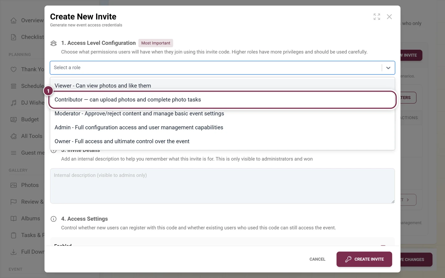 Expanded role picker in the invite dialog with the Contributor entry highlighted