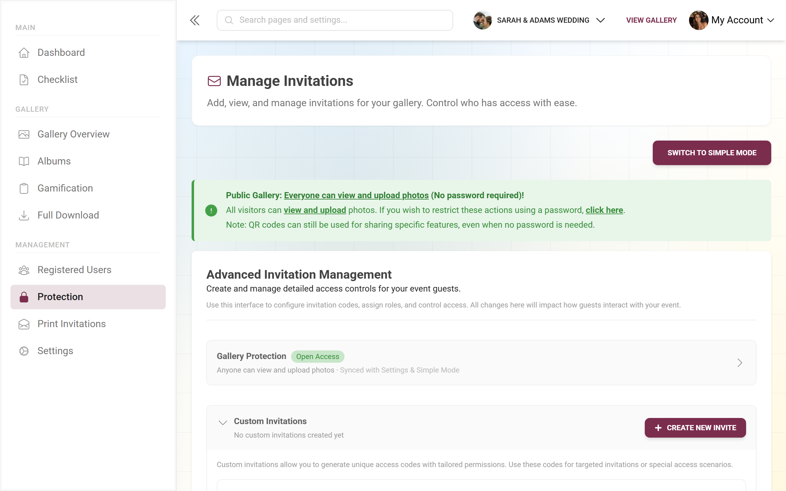 Advanced mode with the table of custom invitation codes, role chips and actions