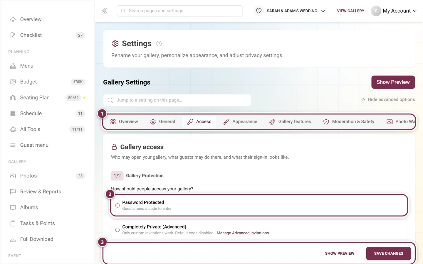 The Access tab of the gallery settings with gallery protection, user permissions and invitation codes