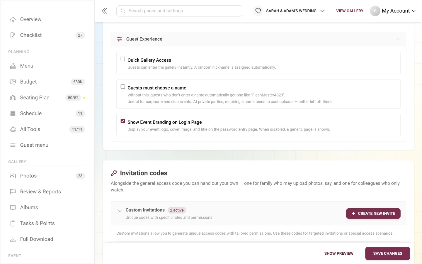 Expanded Guest Experience fold with the Quick Gallery Access, Guests must choose a name and Show Event Branding on Login Page checkboxes