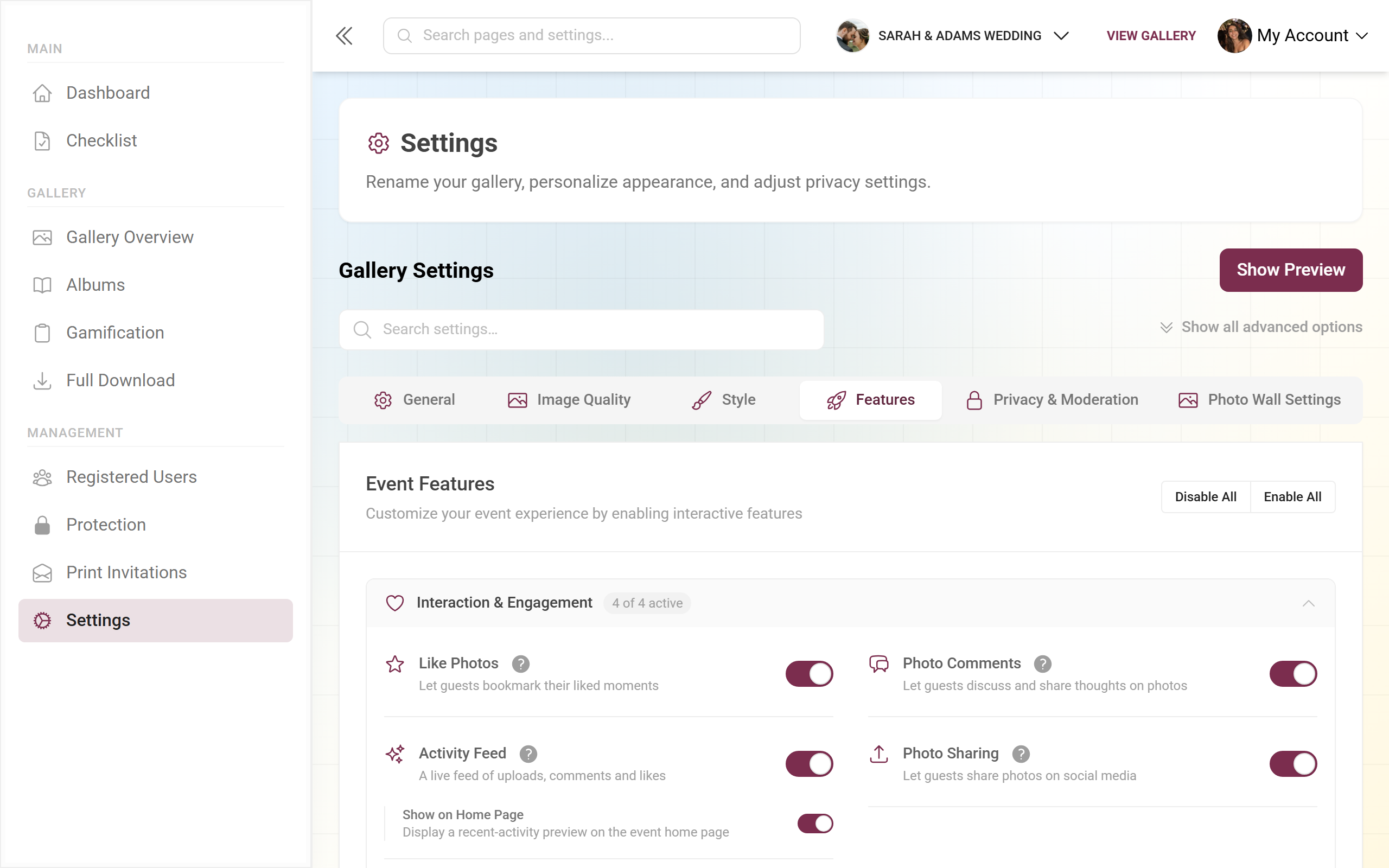Settings Features tab with feature toggles