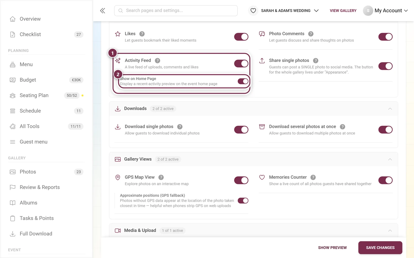 Feature settings with the Activity Feed card highlighted and the Show on Home Page sub-toggle
