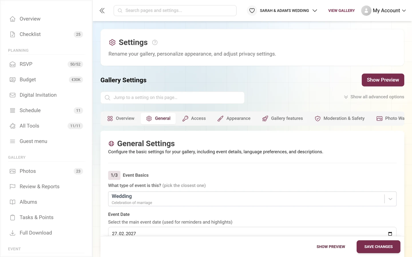 The General tab of the gallery settings with the Event Basics, Language Setup and Gallery Content sections