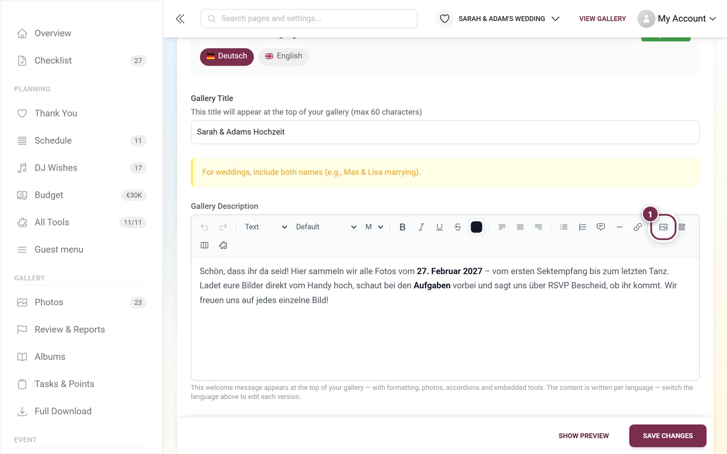 Gallery description editor with the Insert image button highlighted