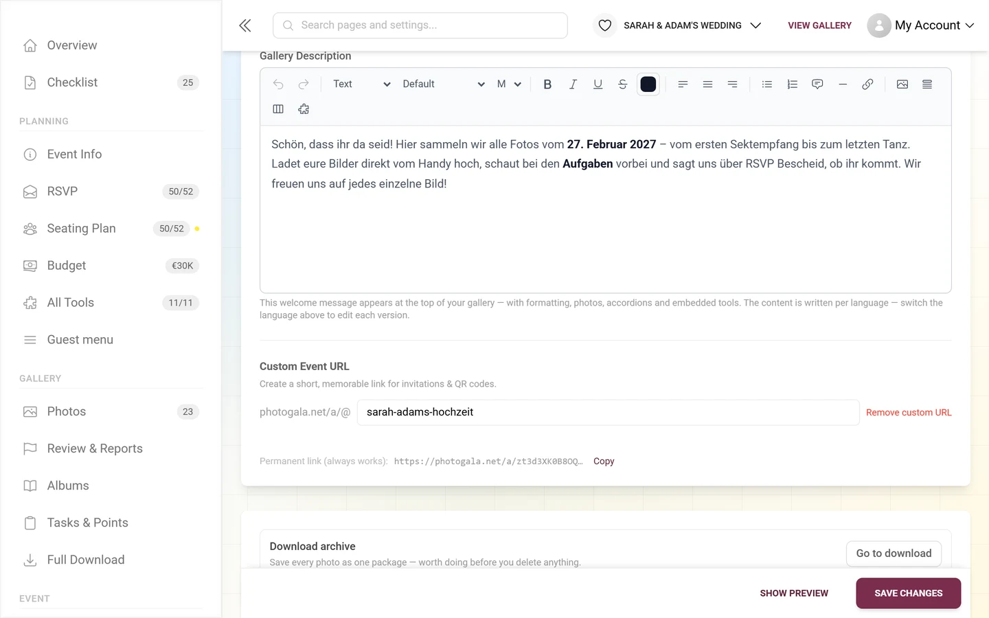 Custom event URL with its input field and the permanent link below