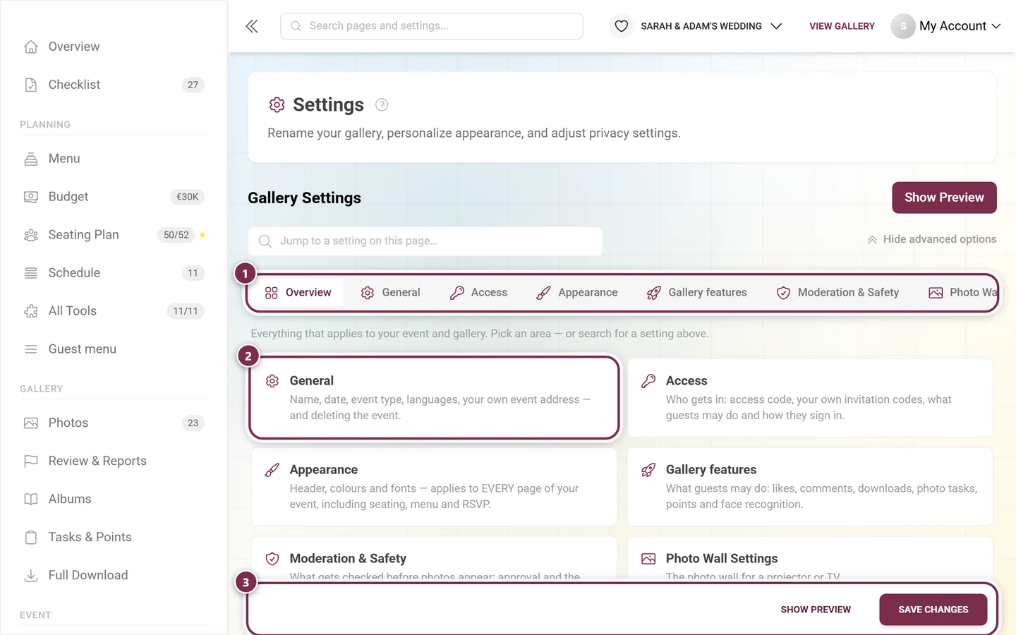 The Overview tab of the gallery settings with one card per area