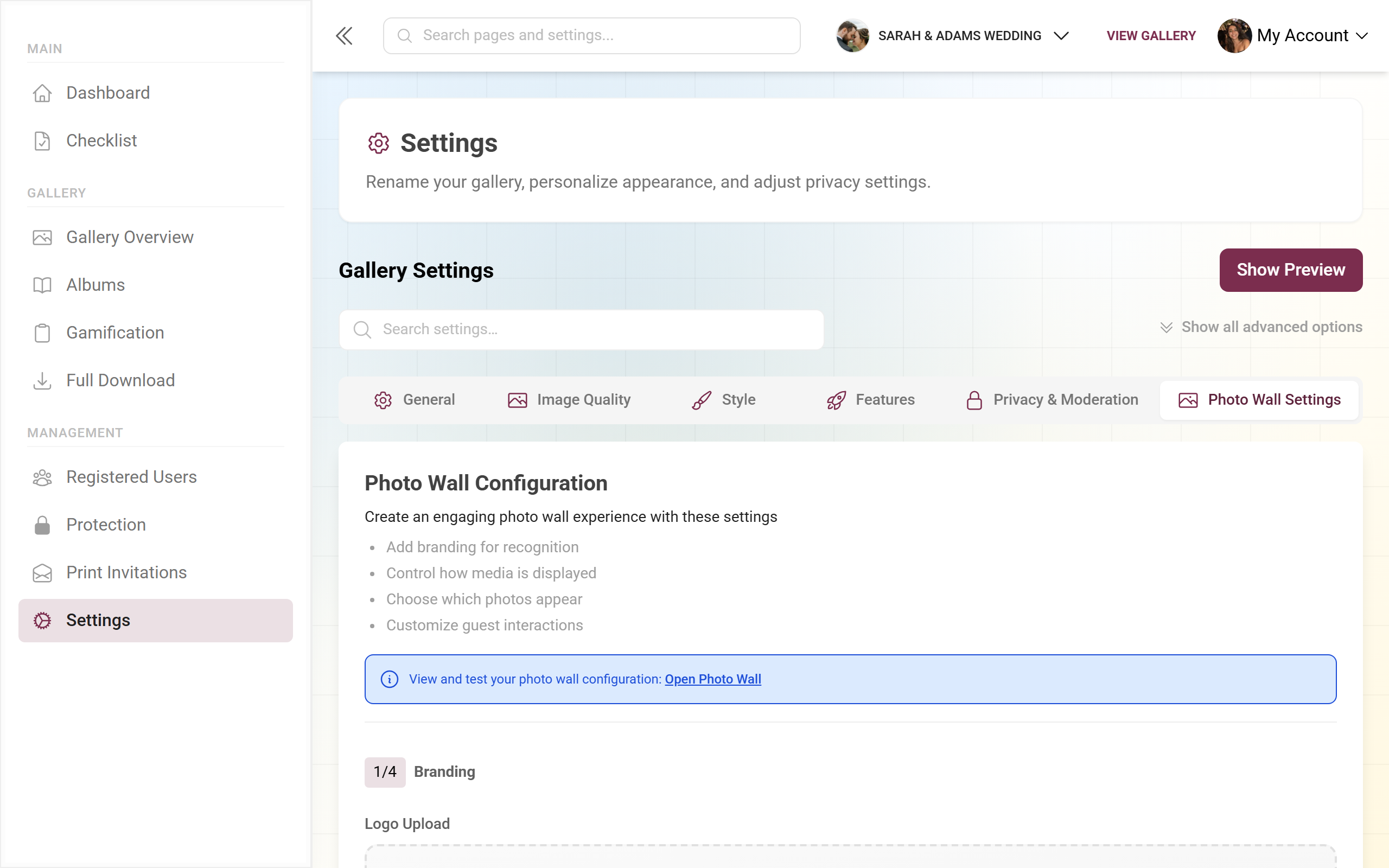 Settings Photo Wall tab with display options