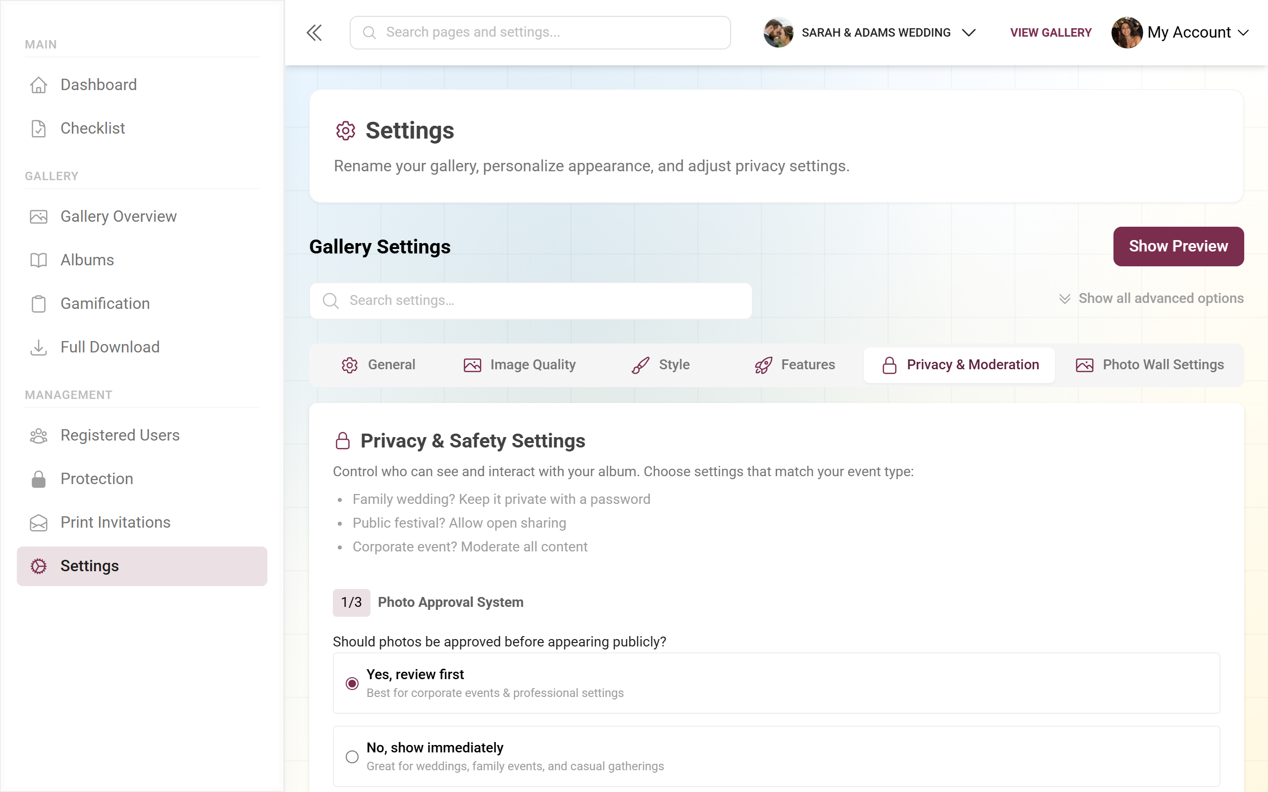 Settings Privacy and Moderation tab