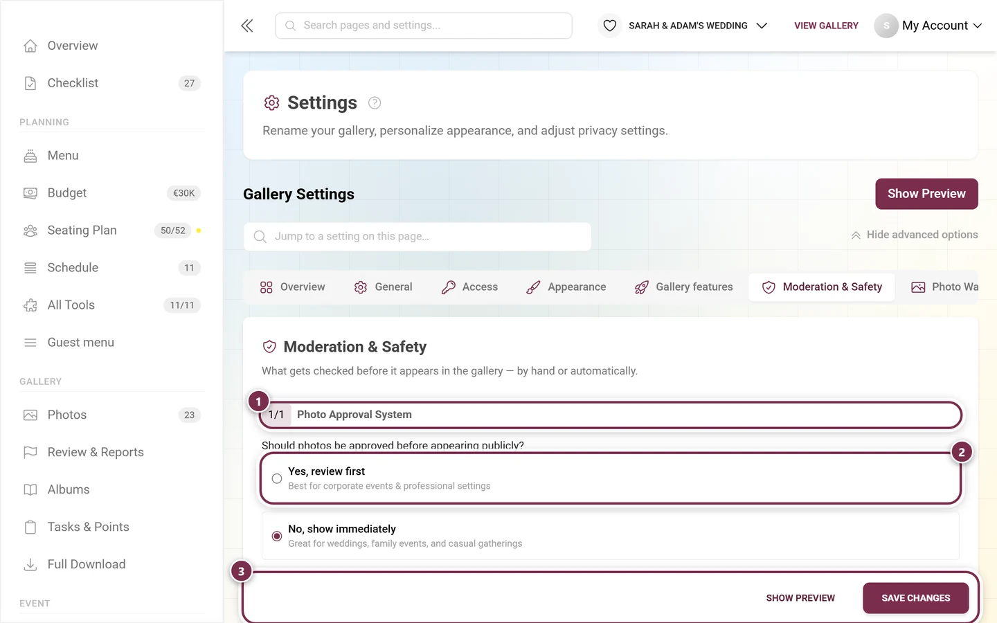 Settings tab Moderation & Security with the content filter switch