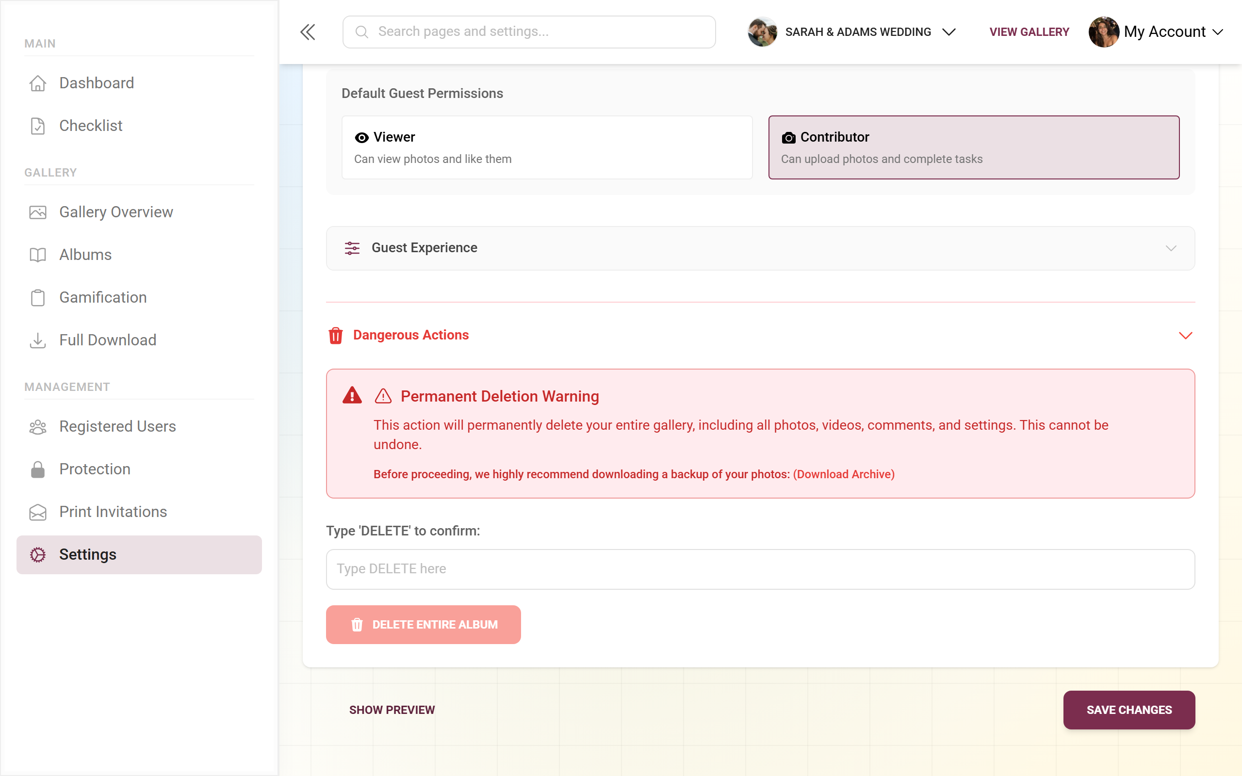 Dangerous actions section with confirmation field and delete button