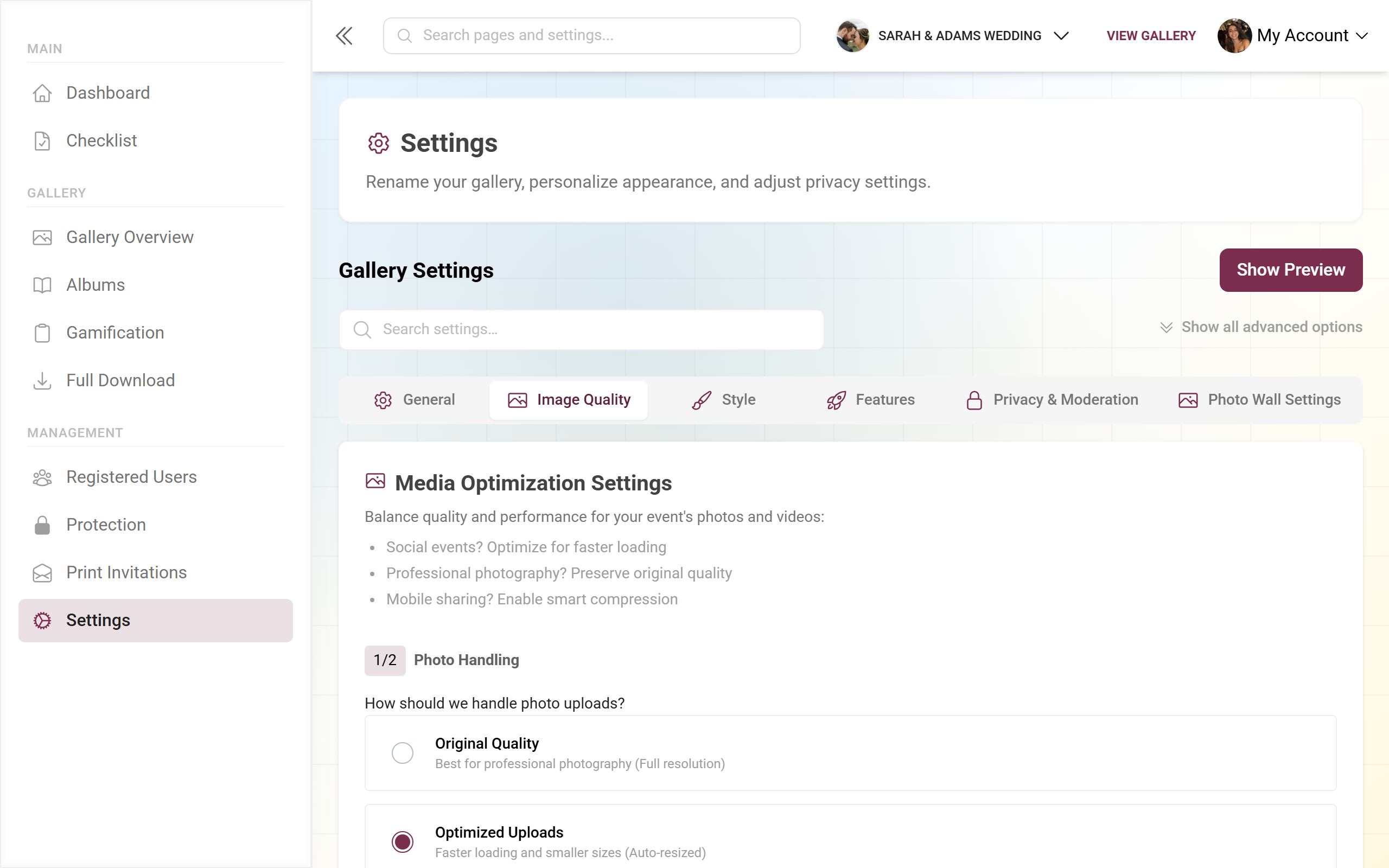 Image Quality tab with Photo Handling and Video Handling
