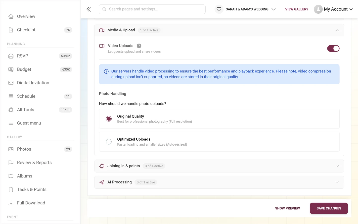 The image-quality block inside the Media and Upload fold