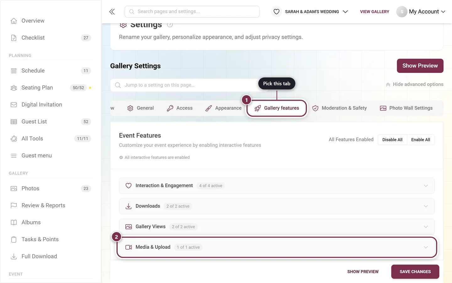 Gallery features tab highlighted, below it the highlighted Media and Upload fold