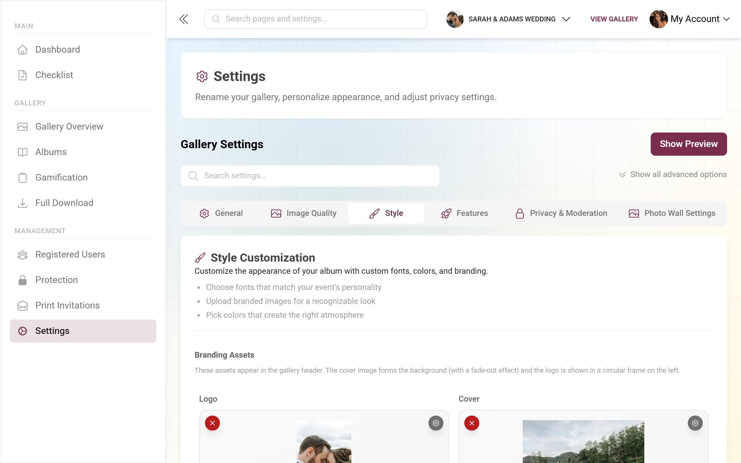 Settings Style tab with logo, colors and cover