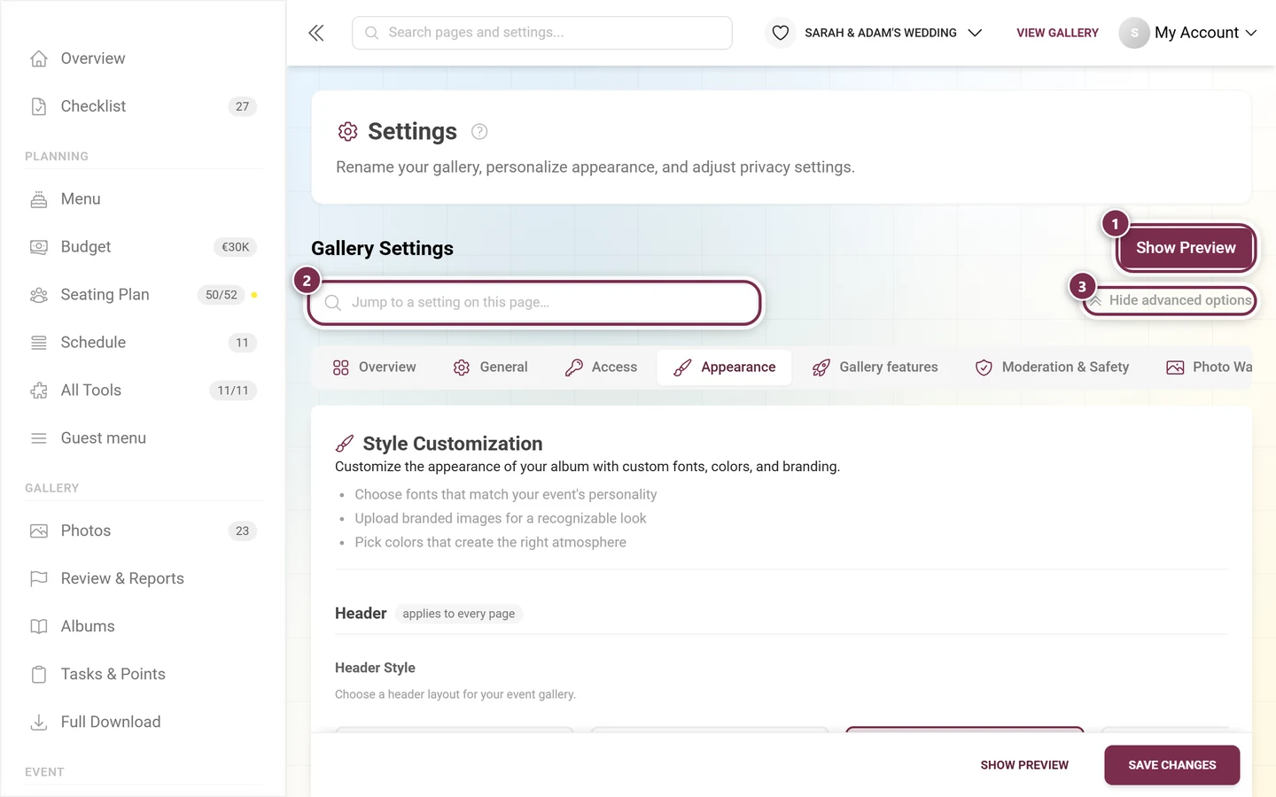 Look settings with logo, colors, and cover image