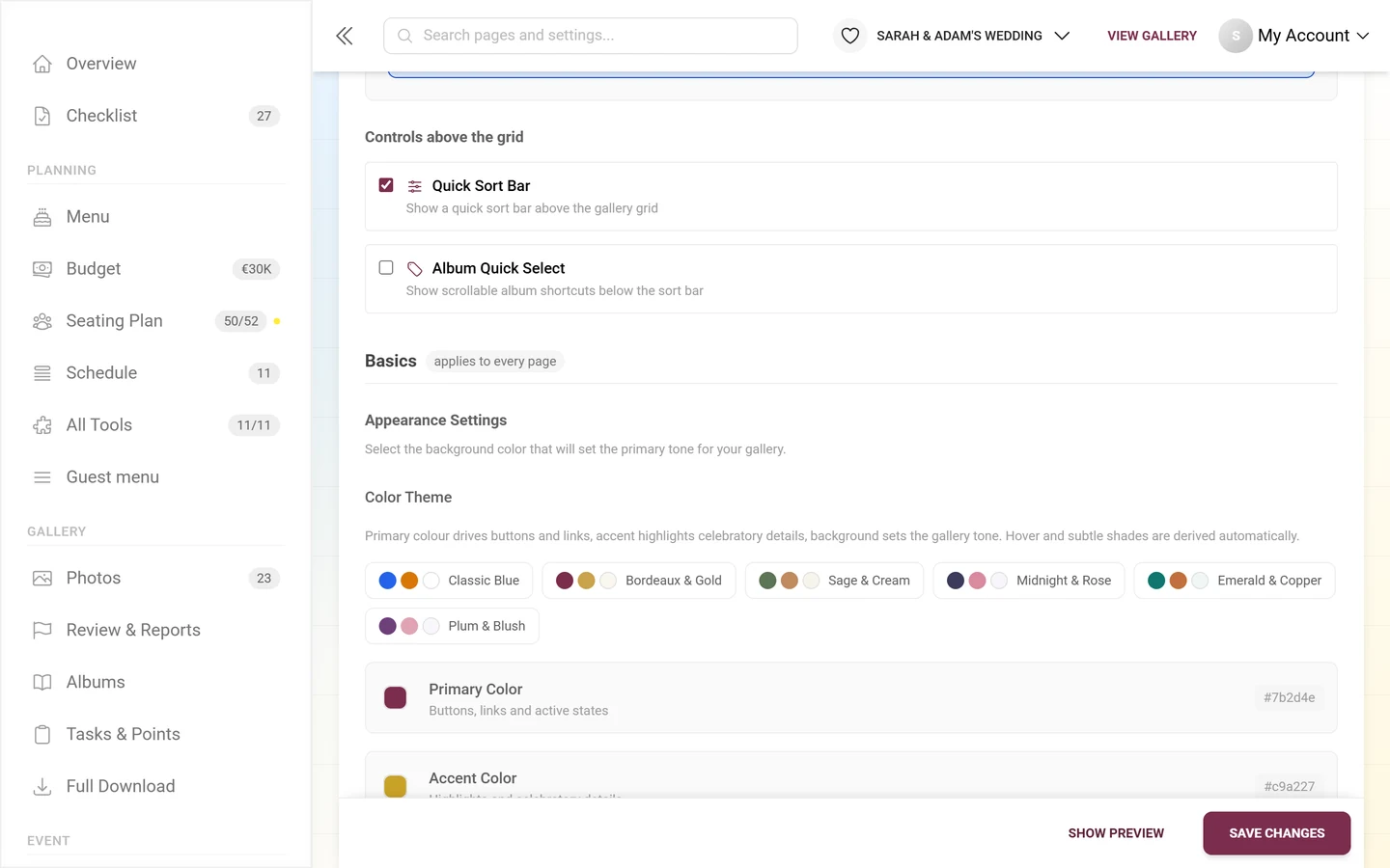 Appearance Settings block with six color palettes plus primary and accent color