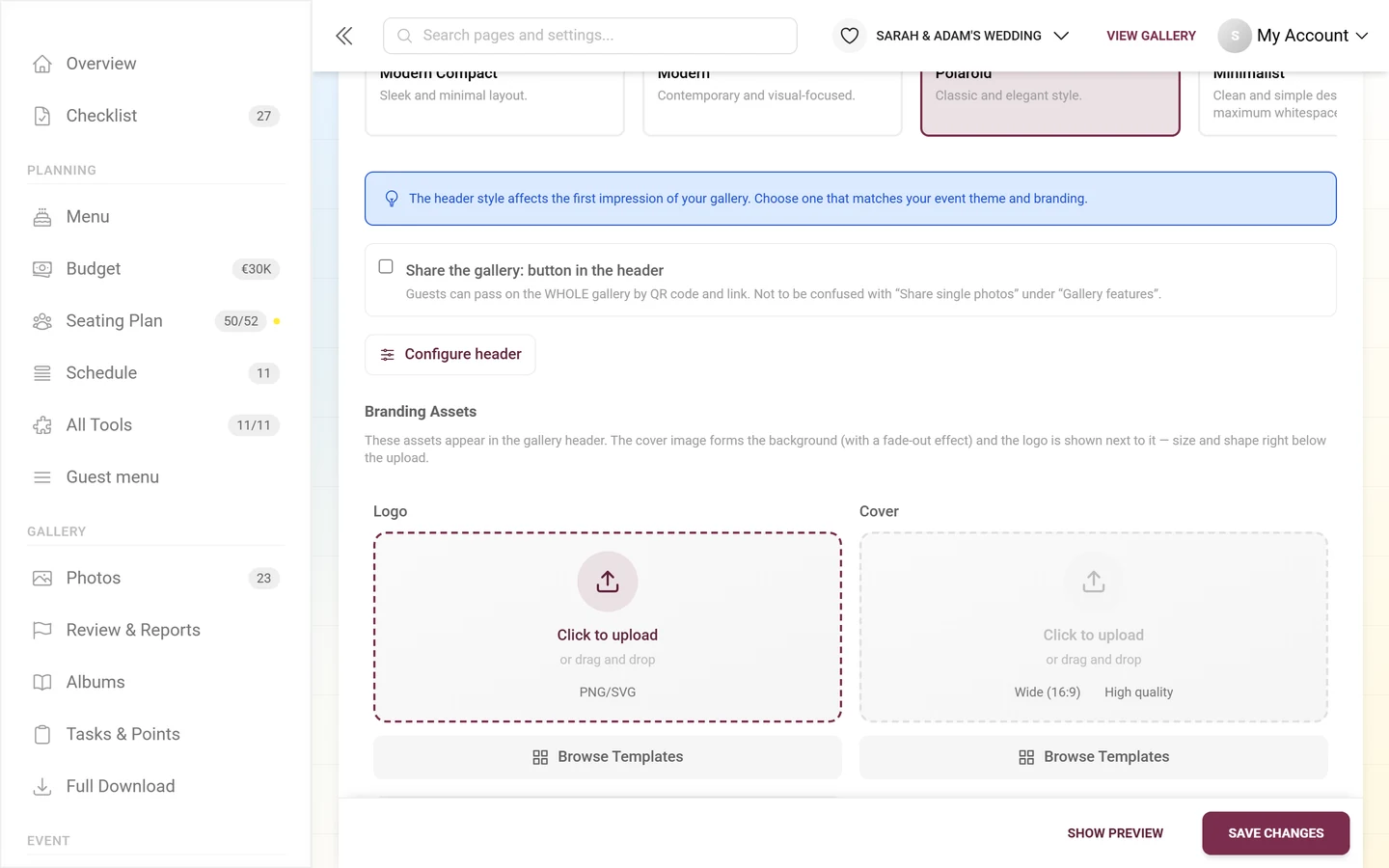 Share-the-gallery checkbox, Configure header button and the empty Logo and Cover upload fields