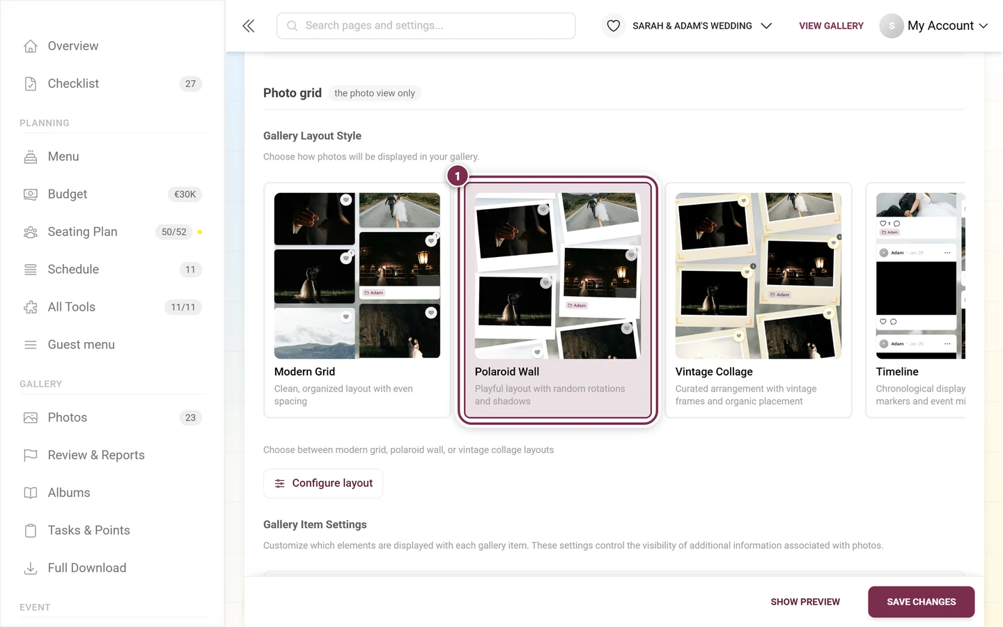 Gallery layout picker with the active tile highlighted