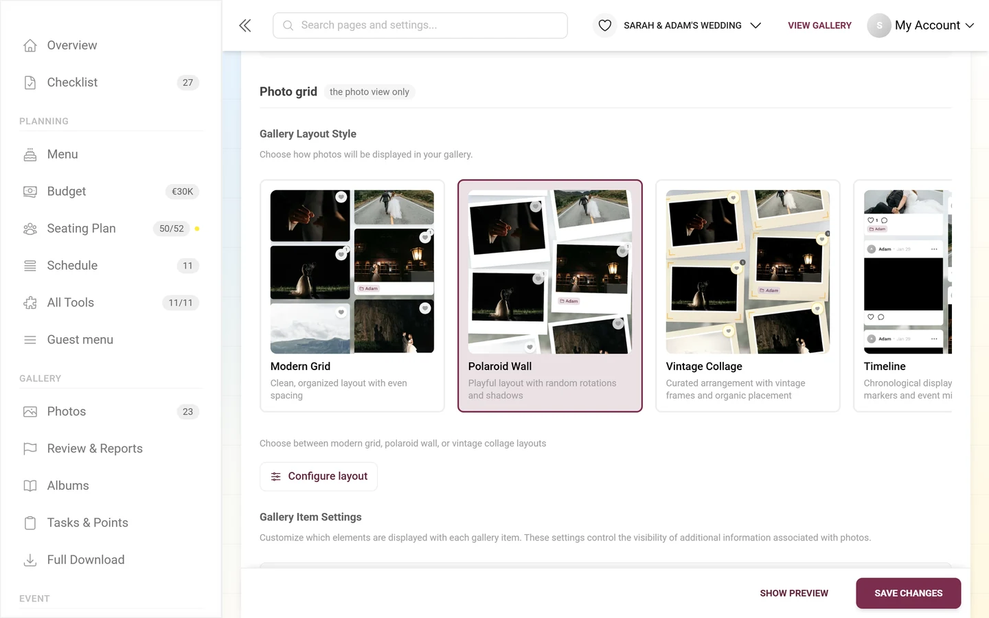 Gallery Layout Style block with preview cards for Modern Grid, Polaroid Wall, Vintage Collage and Timeline