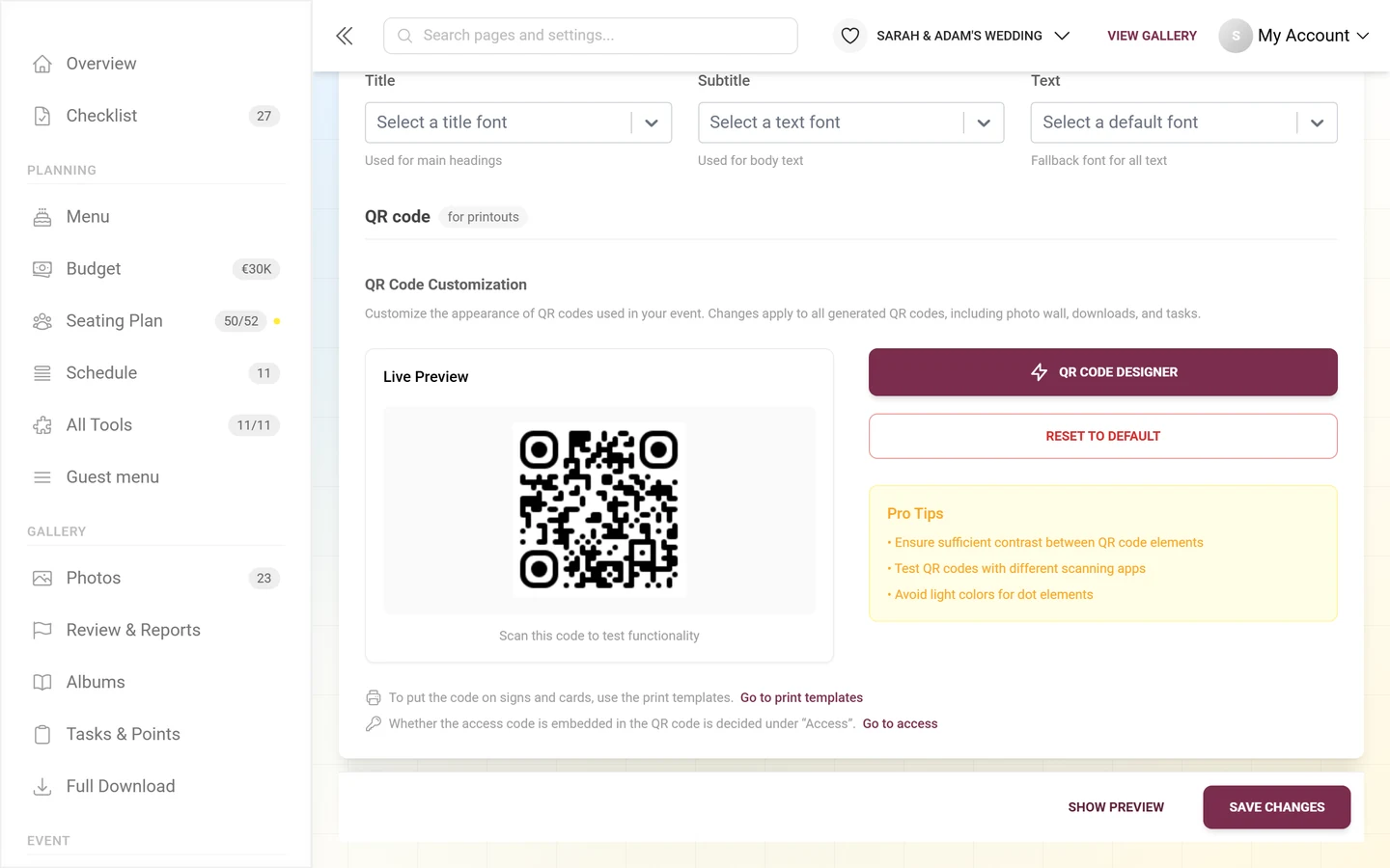 QR Code Customization block with live preview, QR Code Designer button and pro tips