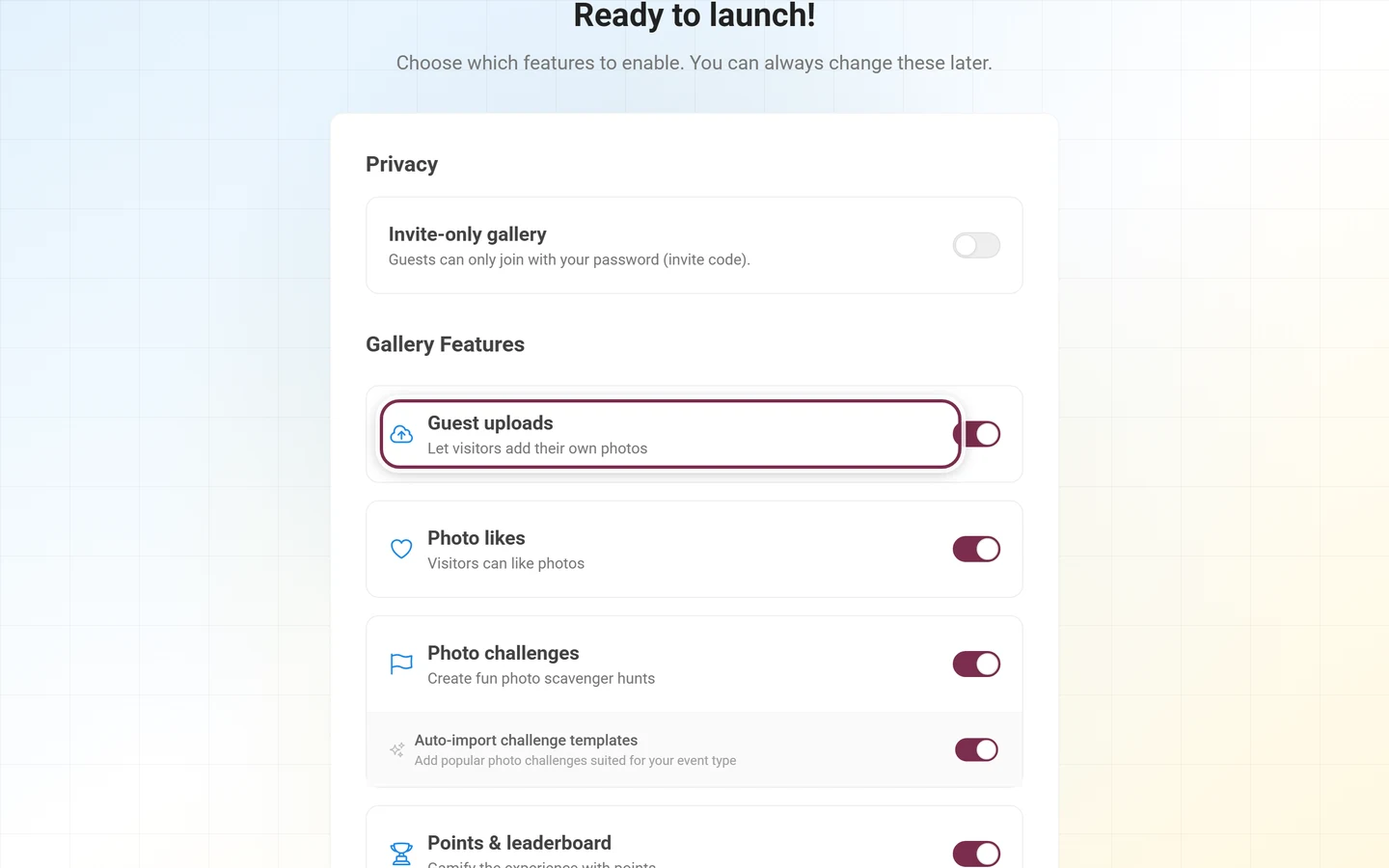 Wizard step Ready to launch with the switch list under Gallery Features