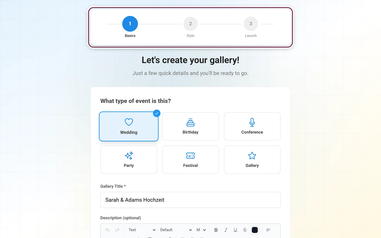 Start screen of the setup wizard with the step indicator above the form
