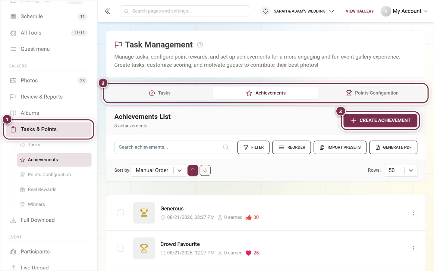 Sidebar with the Tasks and Points entry unfolded