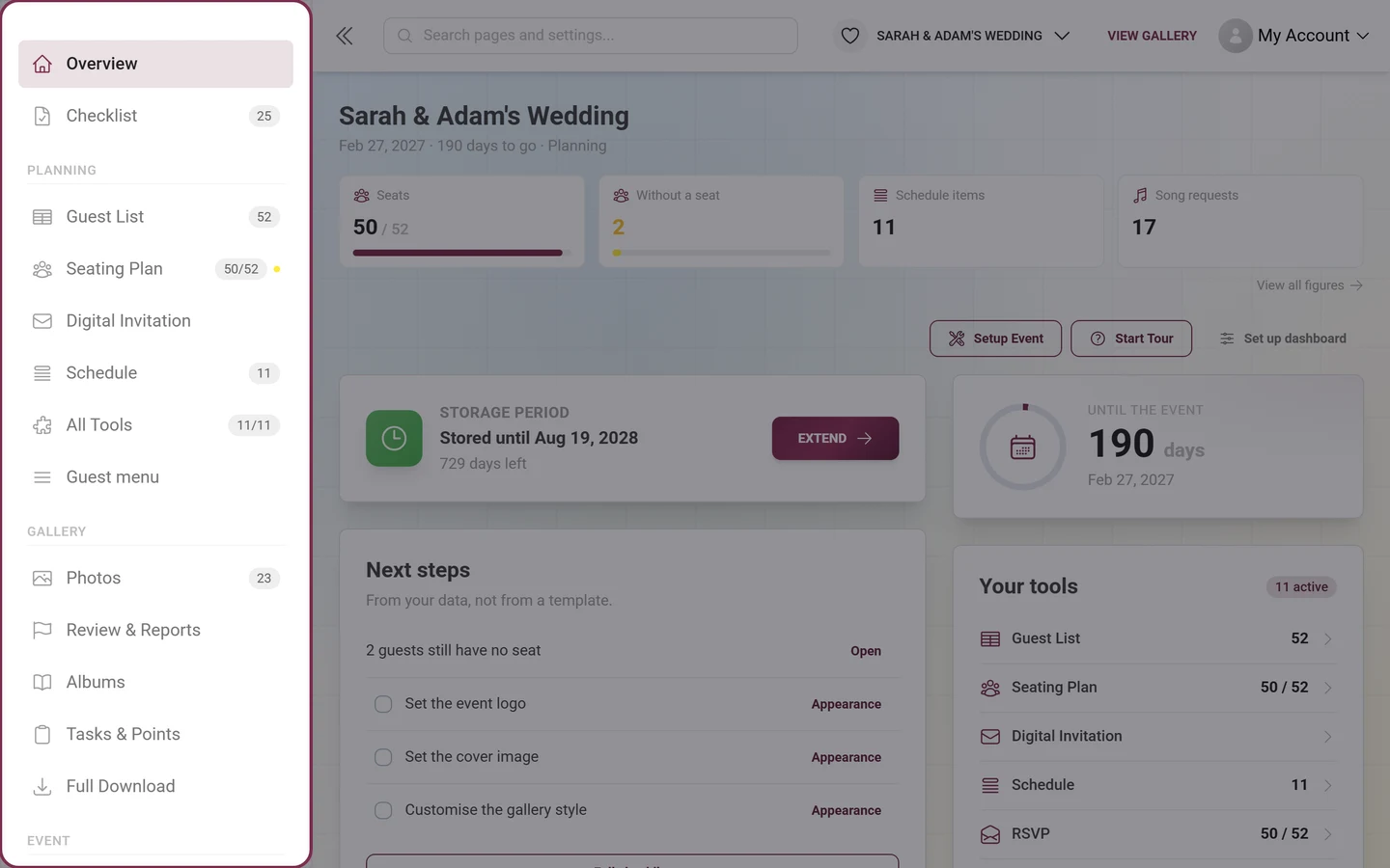 Admin sidebar with the Planning group, active tools and the All Tools entry