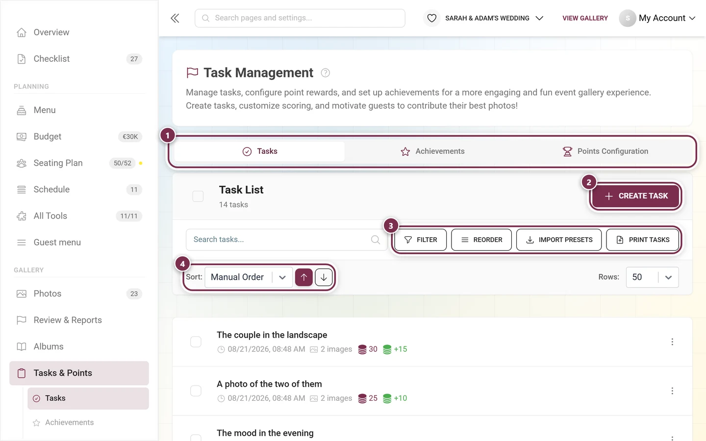Task management with the tab bar, create button, toolbar and sorting highlighted