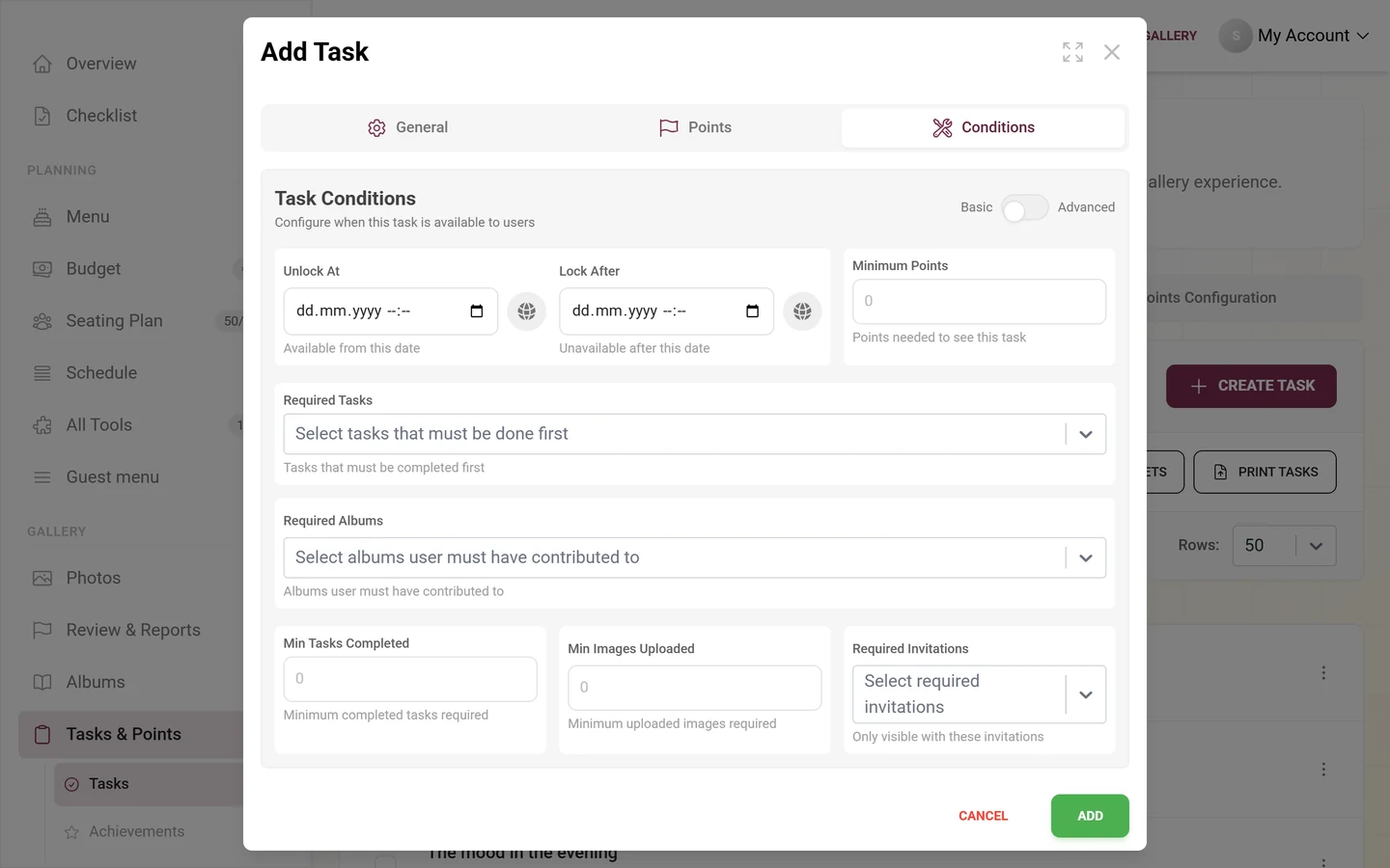 Conditions tab in the task editor with the Basic and Advanced toggle